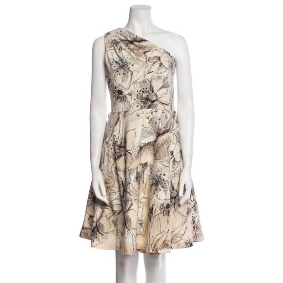 St. John Collection Beige Tan Black Floral A-Line Lined Dress Size 4 - Picture 1 of 5
